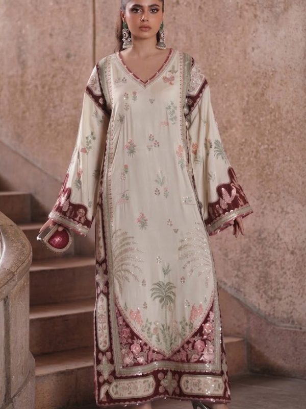 Ethnic Maroon Silk Kaftan Formal Collection Replica