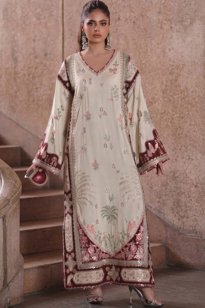 Ethnic Maroon Silk Kaftan Formal Collection Replica