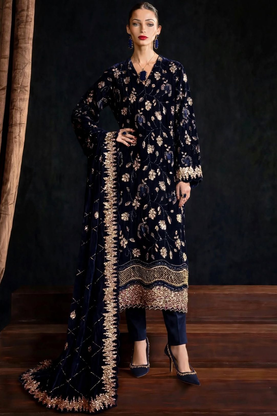 Shrenz Navy Blue Velvet Winter Collection Replica