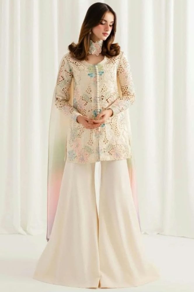 Shrenz White Raw Silk Formal Collection Replica