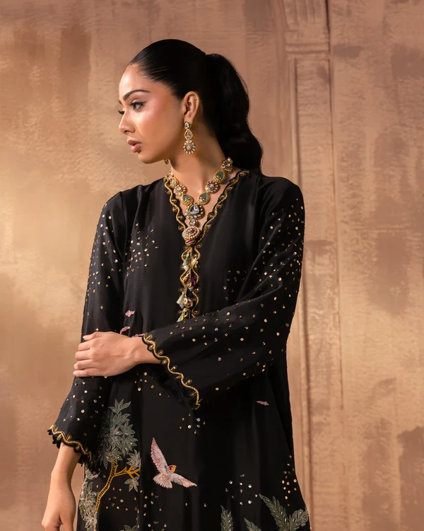 Shareen Jet Black Silk Formal Kaftan Collection Replica - Image 3
