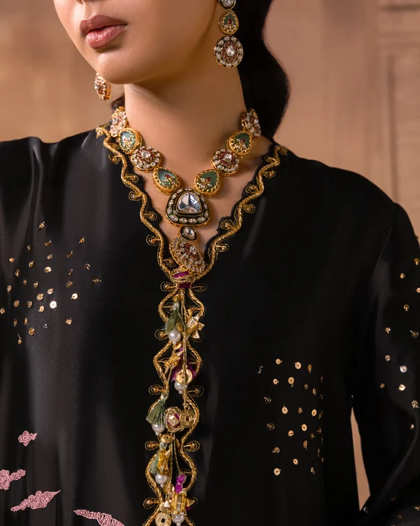 Shareen Jet Black Silk Formal Kaftan Collection Replica - Image 4