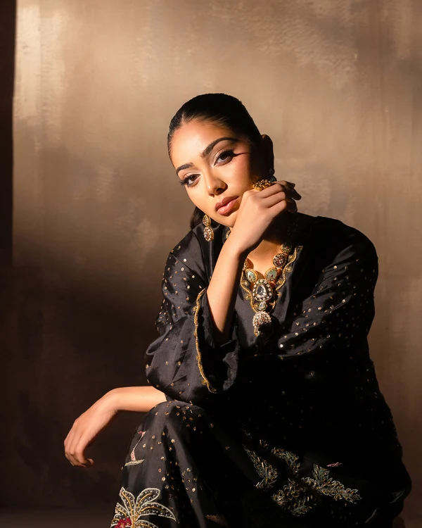 Shareen Jet Black Silk Formal Kaftan Collection Replica - Image 5