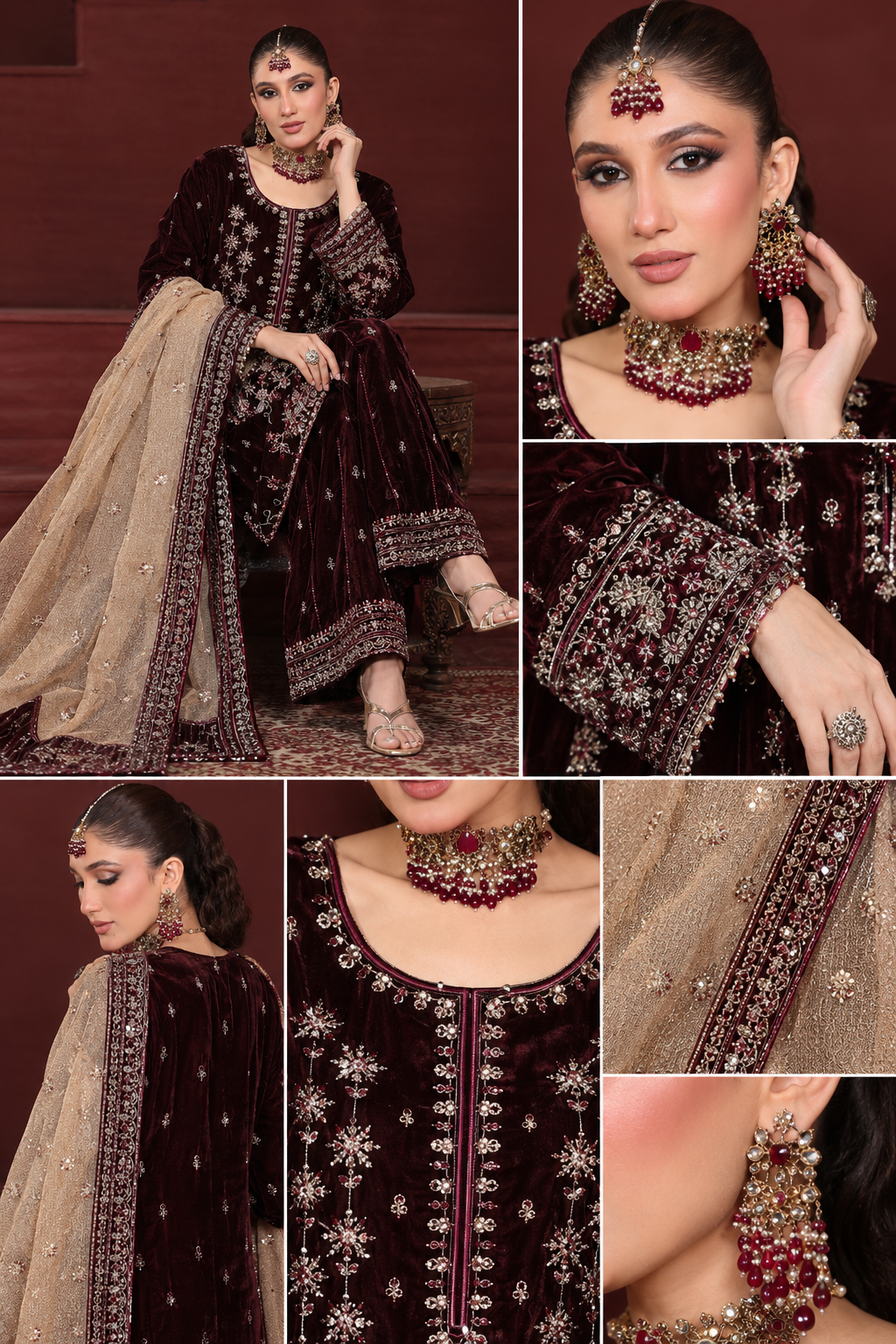 Shrenz Burgundy Velvet Winter Collection Replica - Image 2