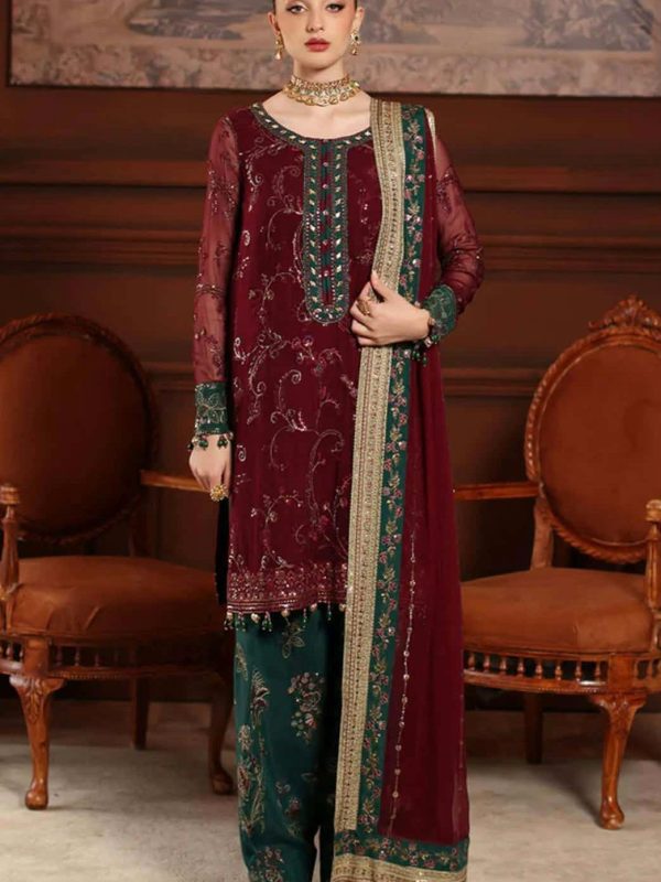 Shrenz Maroon Chiffon Formal Collection Replica