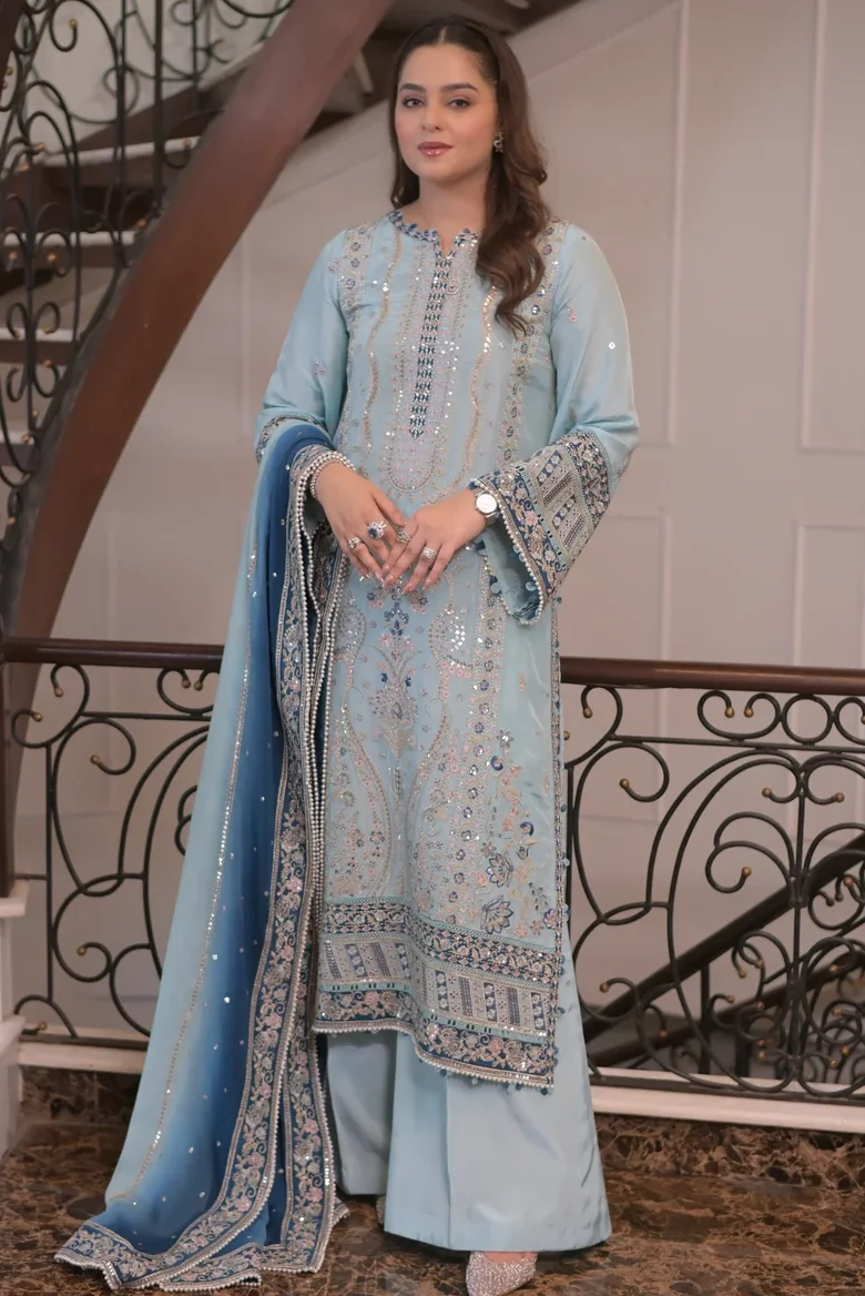 Aneela's Ice Blue Silk Formal Collection Replica