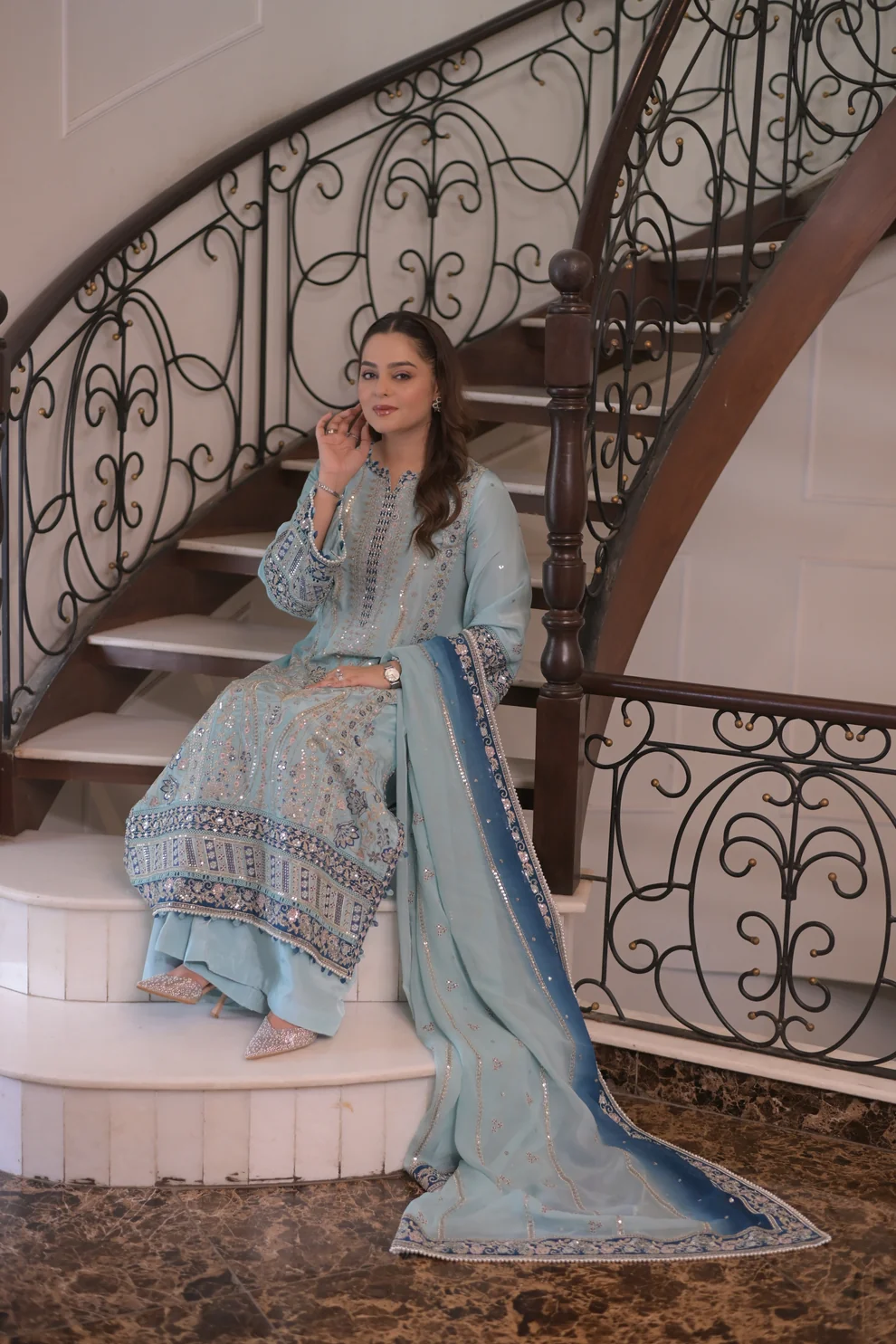 Aneela's Ice Blue Silk Formal Collection Replica - Image 3