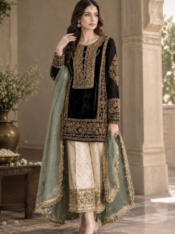 Shrenz Jet Black Velvet Winter Collection Replica