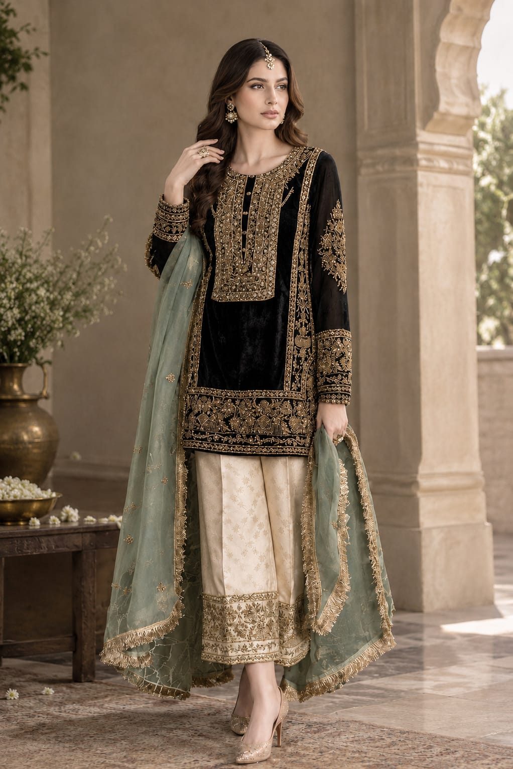 Shrenz Jet Black Velvet Winter Collection Replica