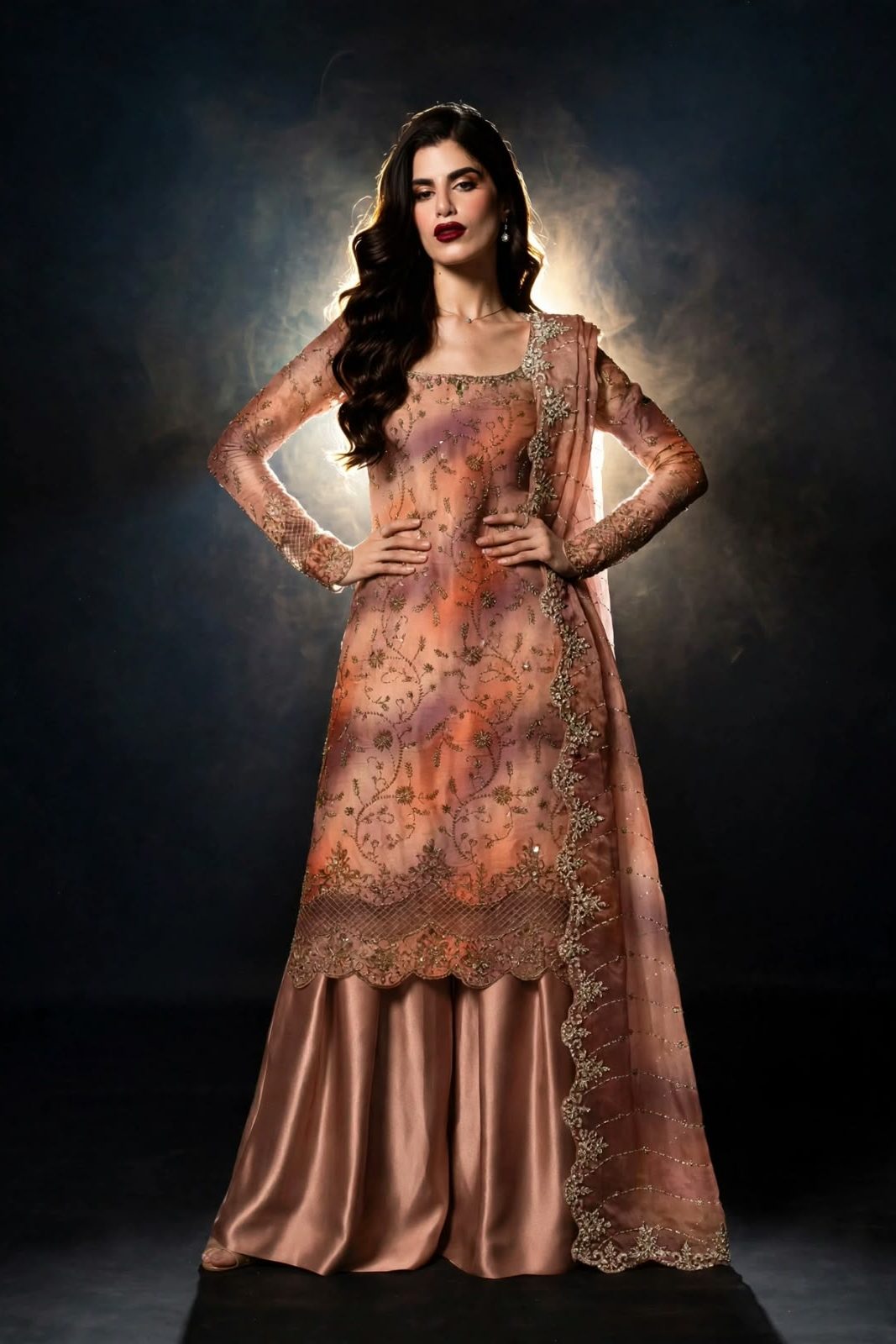 Shrenz Brown Cutdana Sheesha Silk Formal Collection Replica
