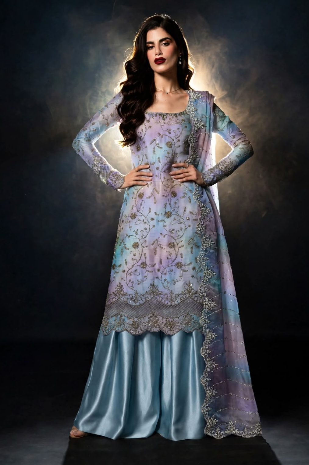 Shrenz Sky Cutdana Sheesha Silk Formal Collection Replica