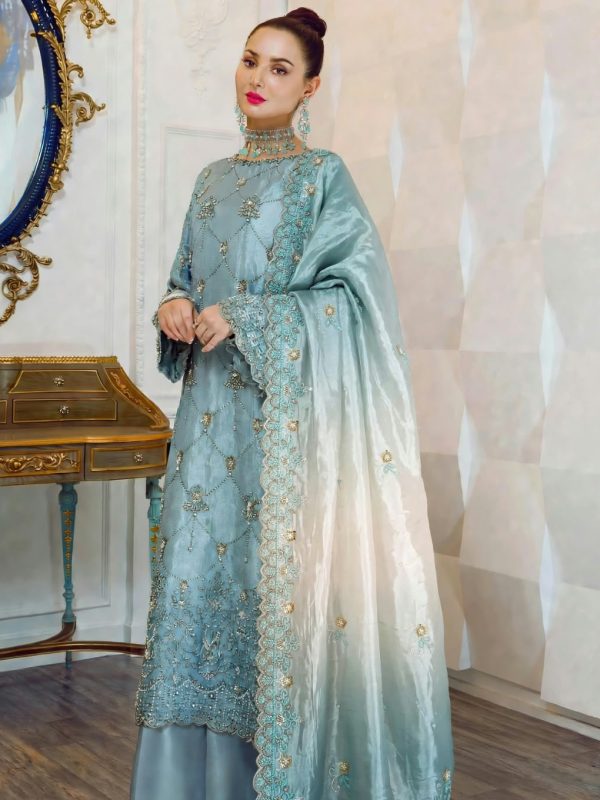 Shrenz Blue Cutdana Sheesha Silk Formal Collection Replica