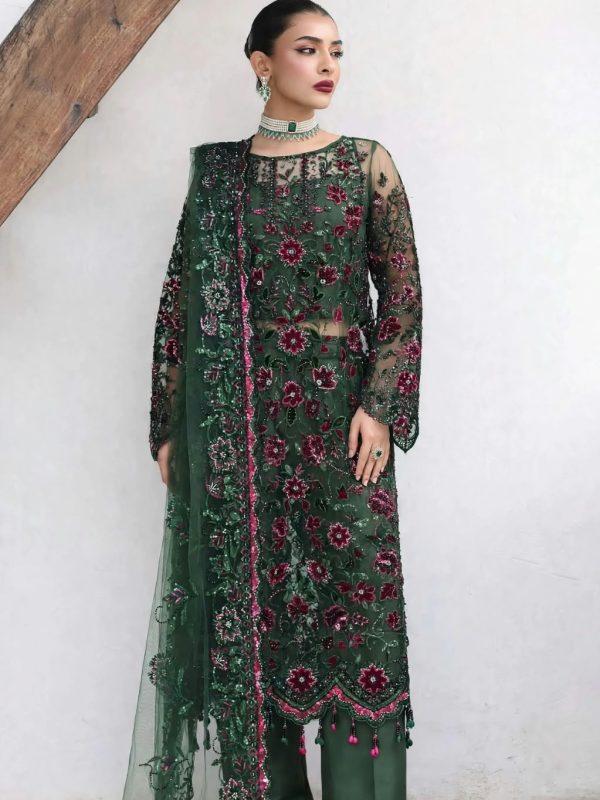 Shrenz Bottle Green Cutdana Net Formal Collection Replica