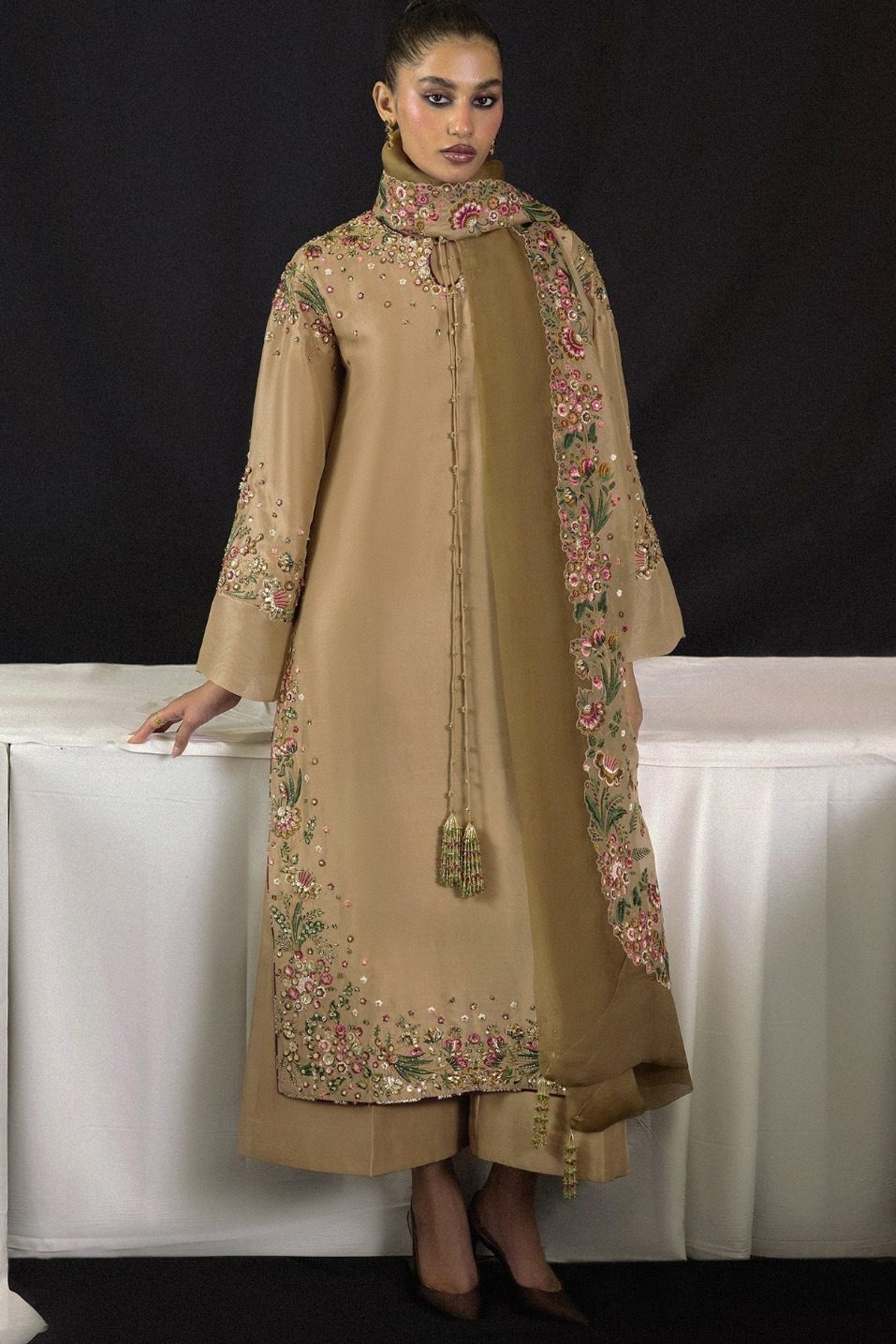 Hussain Rehar Golden Raw Silk Formal Collection Replica