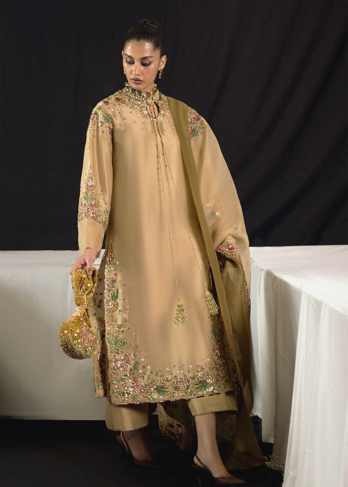 Hussain Rehar Golden Raw Silk Formal Collection Replica - Image 2