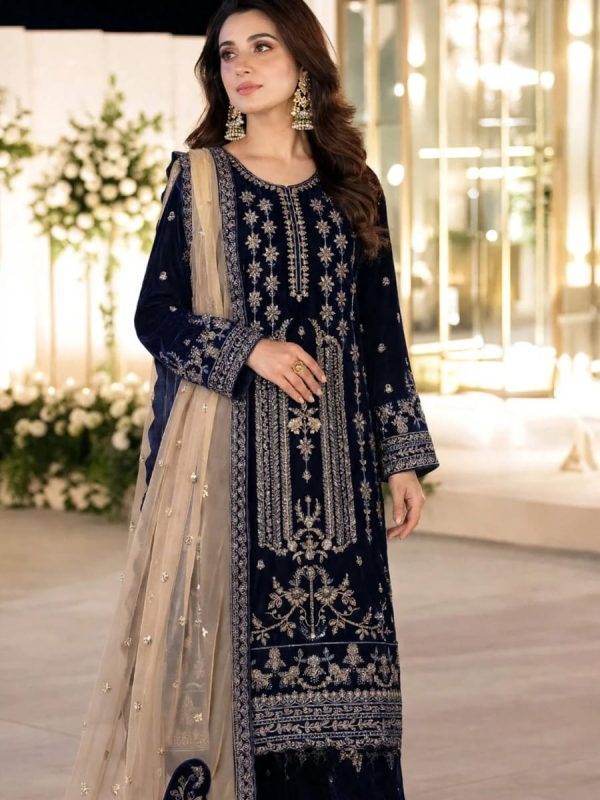 Shrenz Navy Blue Velvet Winter Collection Replica