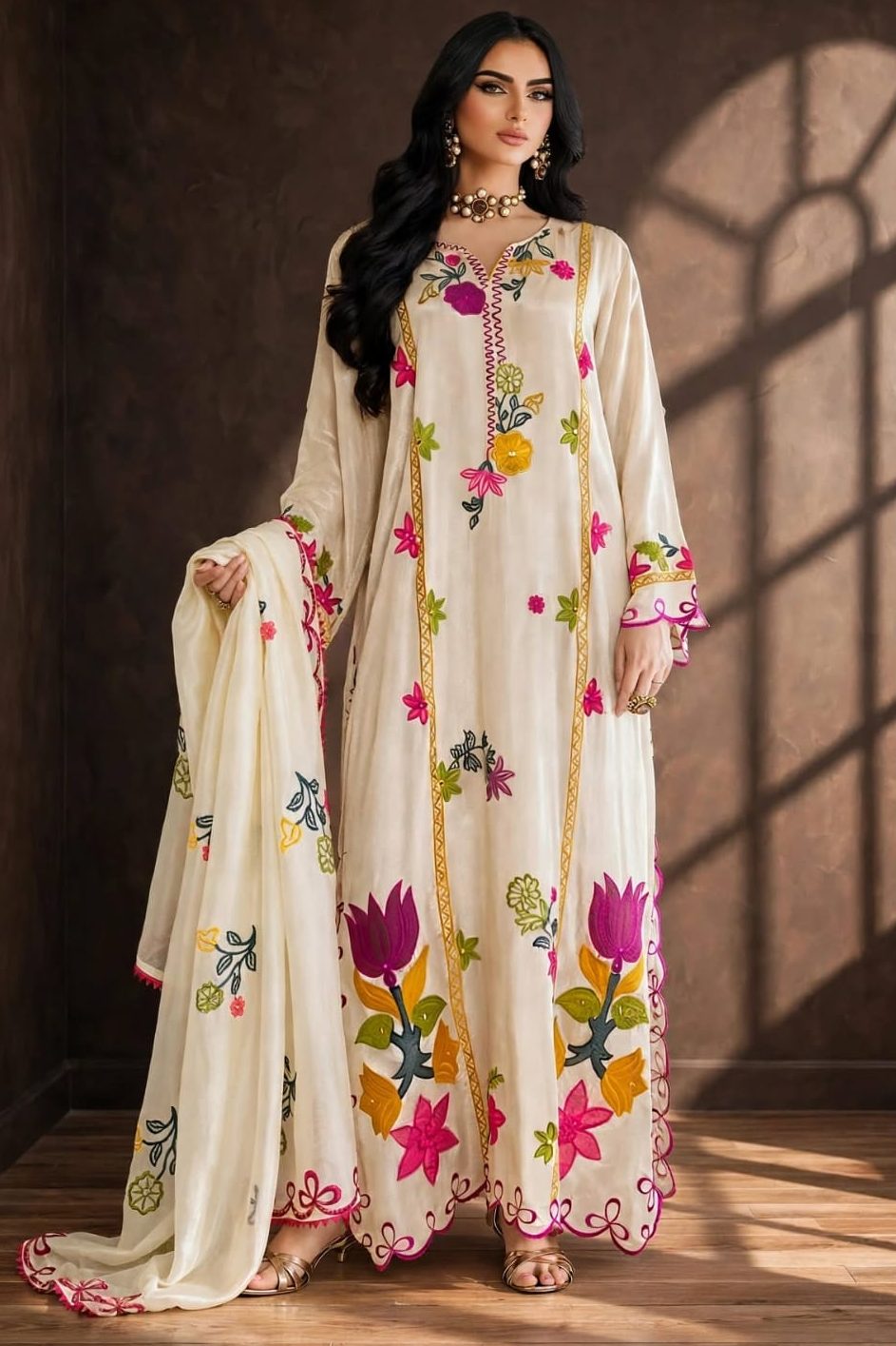 Shrenz Cream Silk Formal Kaftan Collection Replica