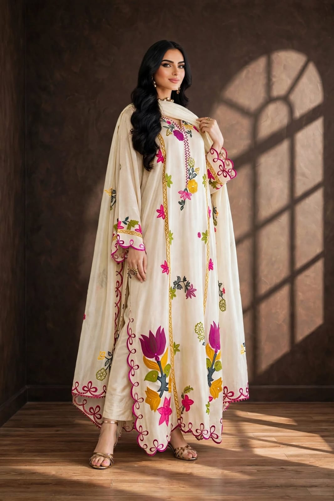 Shrenz Cream Silk Formal Kaftan Collection Replica - Image 2