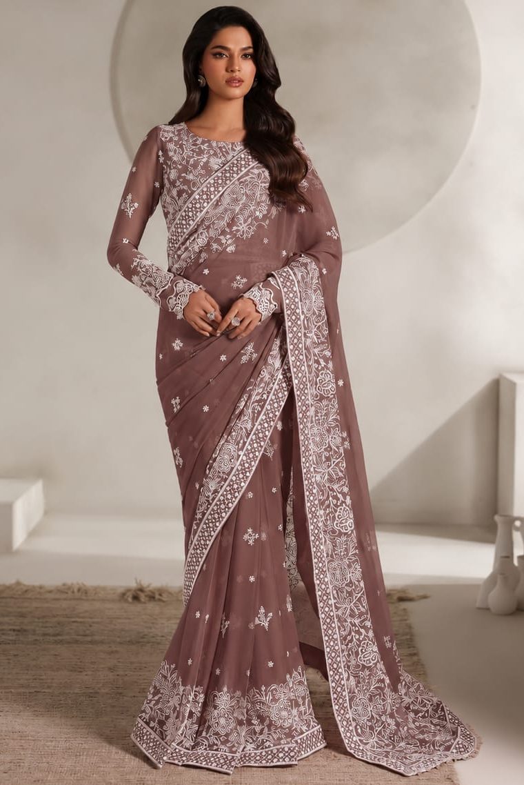 Shrenz Peach Chiffon Saree Collection Replica