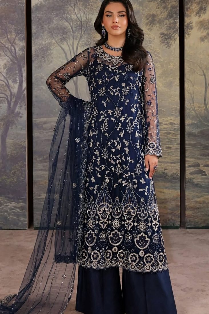 Shrenz Navy Blue Cutdana Net Formal Collection Replica