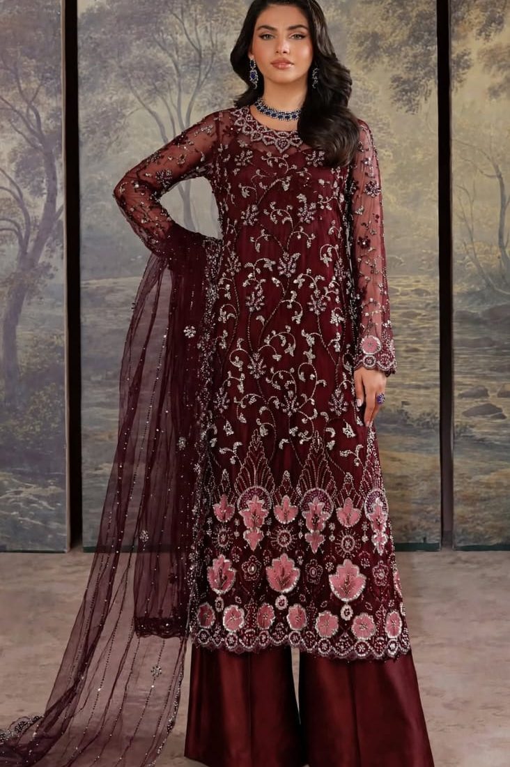 Shrenz Maroon Cutdana Net Formal Collection Replica