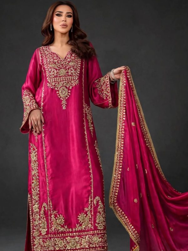 Shrenz Shocking Pink Sheesha Silk Kaftan Formal Collection Replica