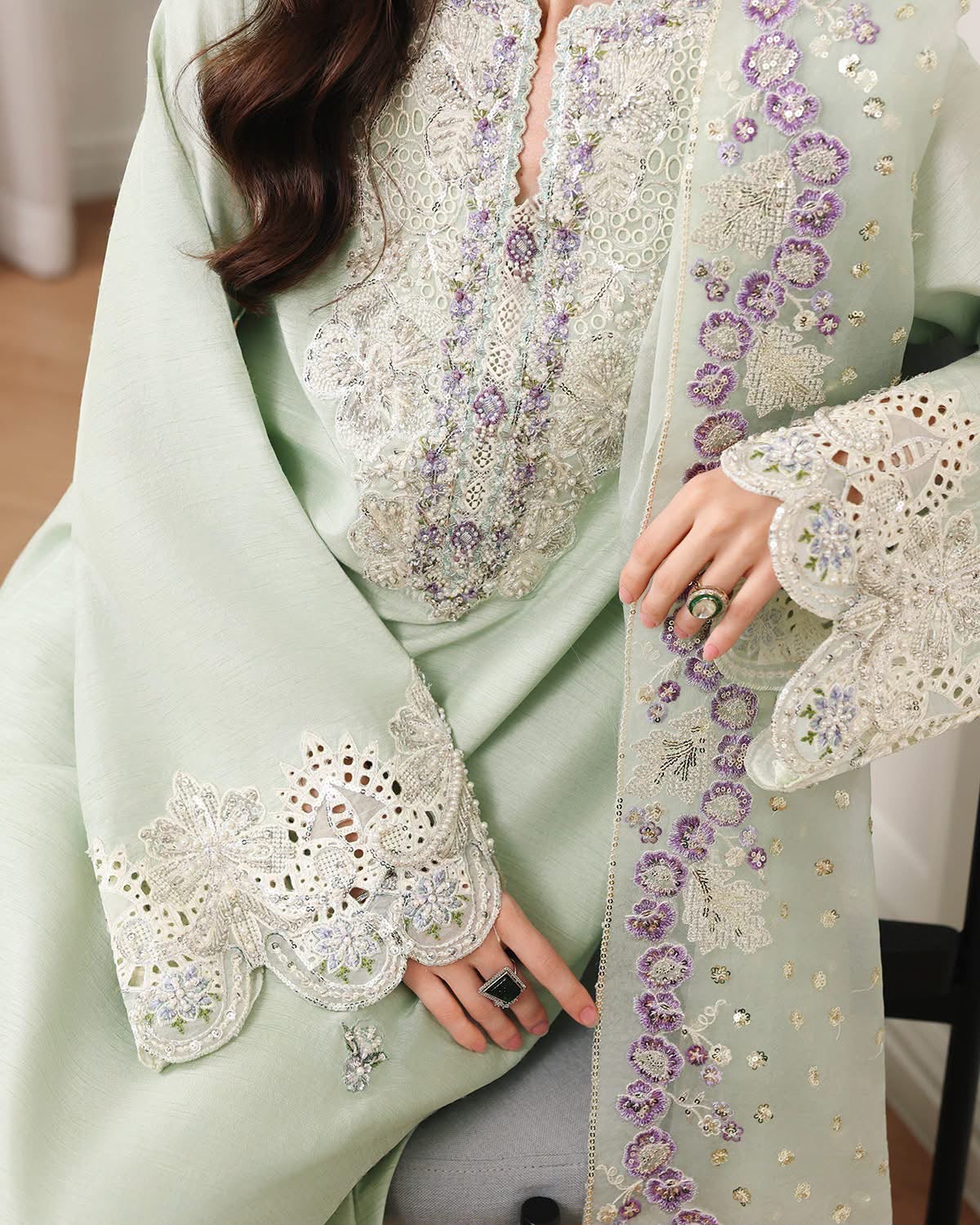 Mushq Pistachio Silk Kaftan Formal Collection Replica - Image 6