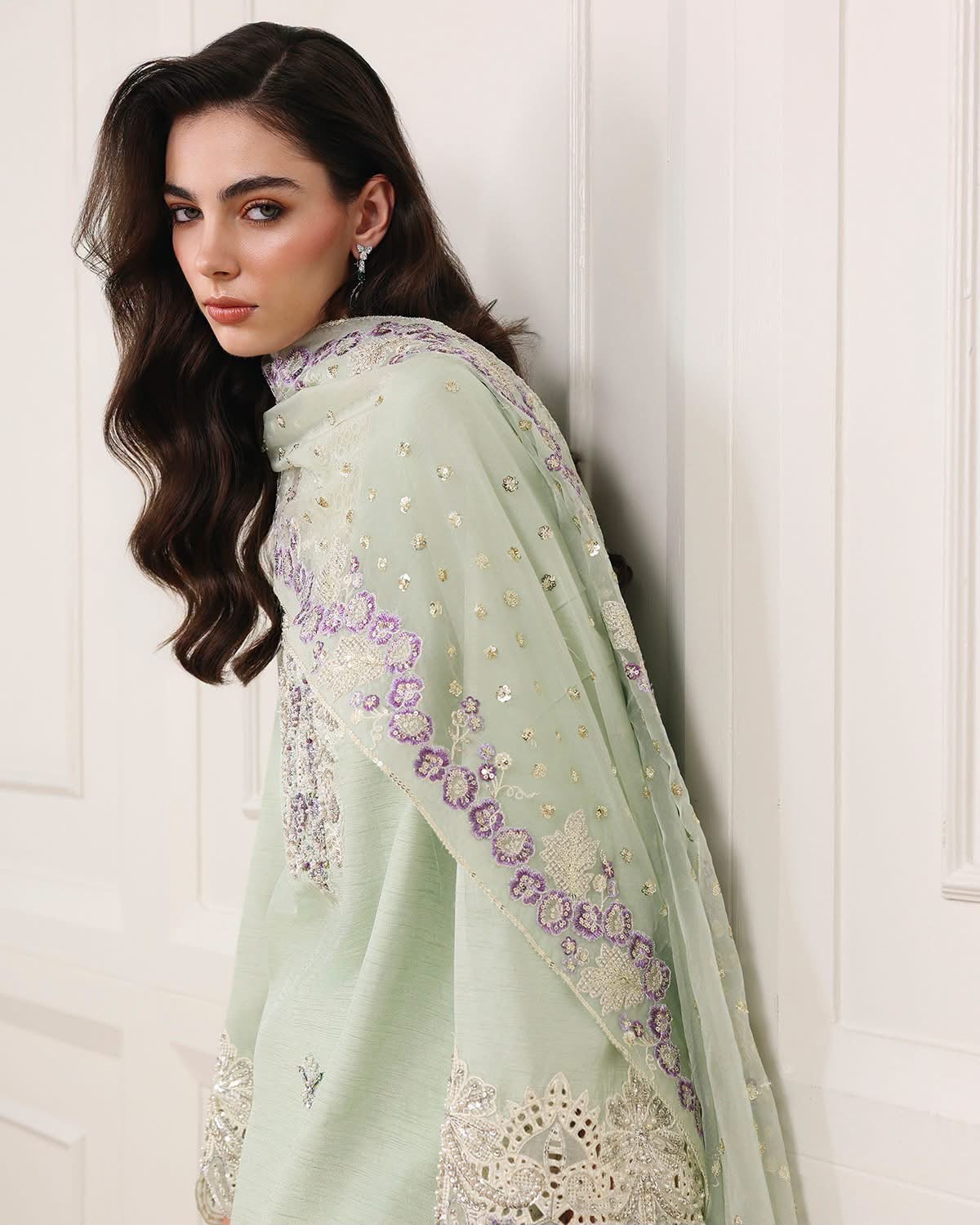 Mushq Pistachio Silk Kaftan Formal Collection Replica - Image 7