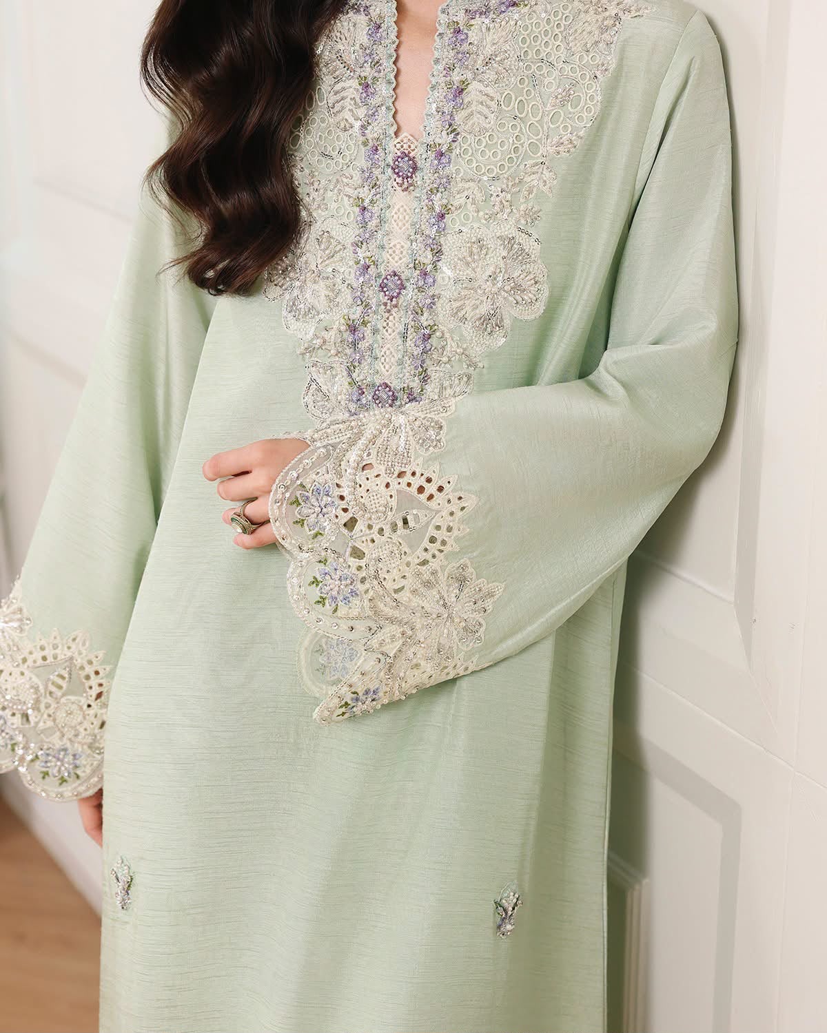 Mushq Pistachio Silk Kaftan Formal Collection Replica - Image 3