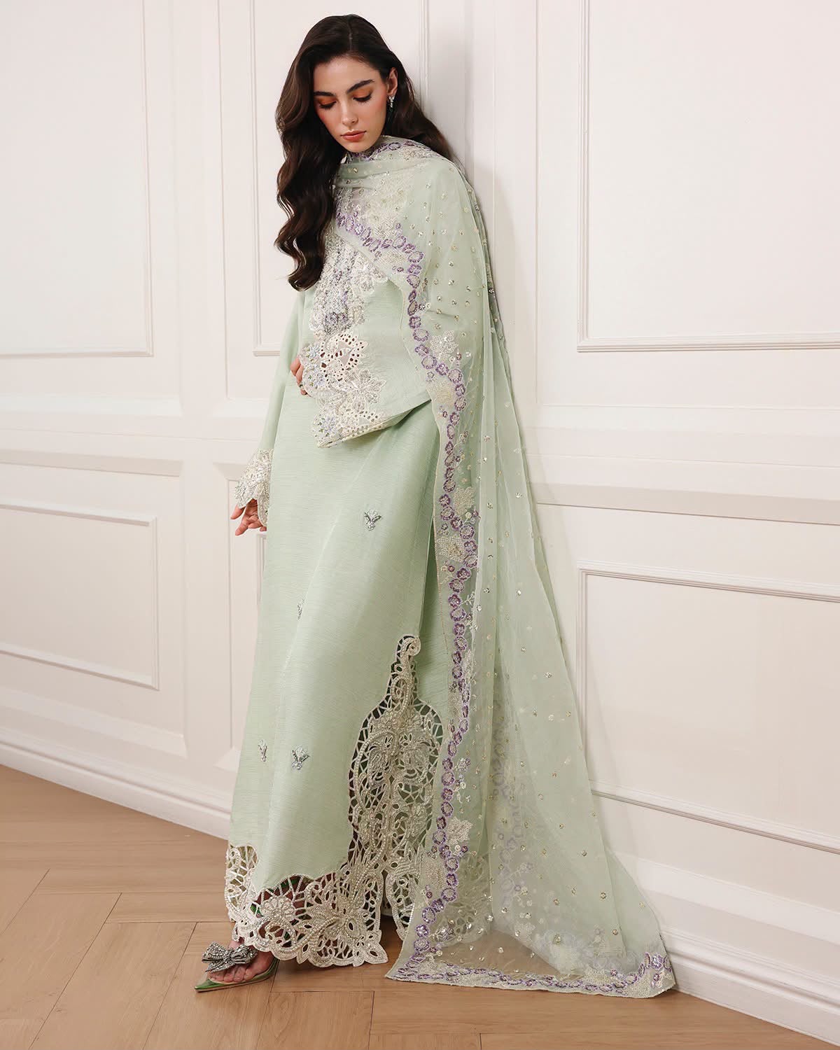 Mushq Pistachio Silk Kaftan Formal Collection Replica - Image 2