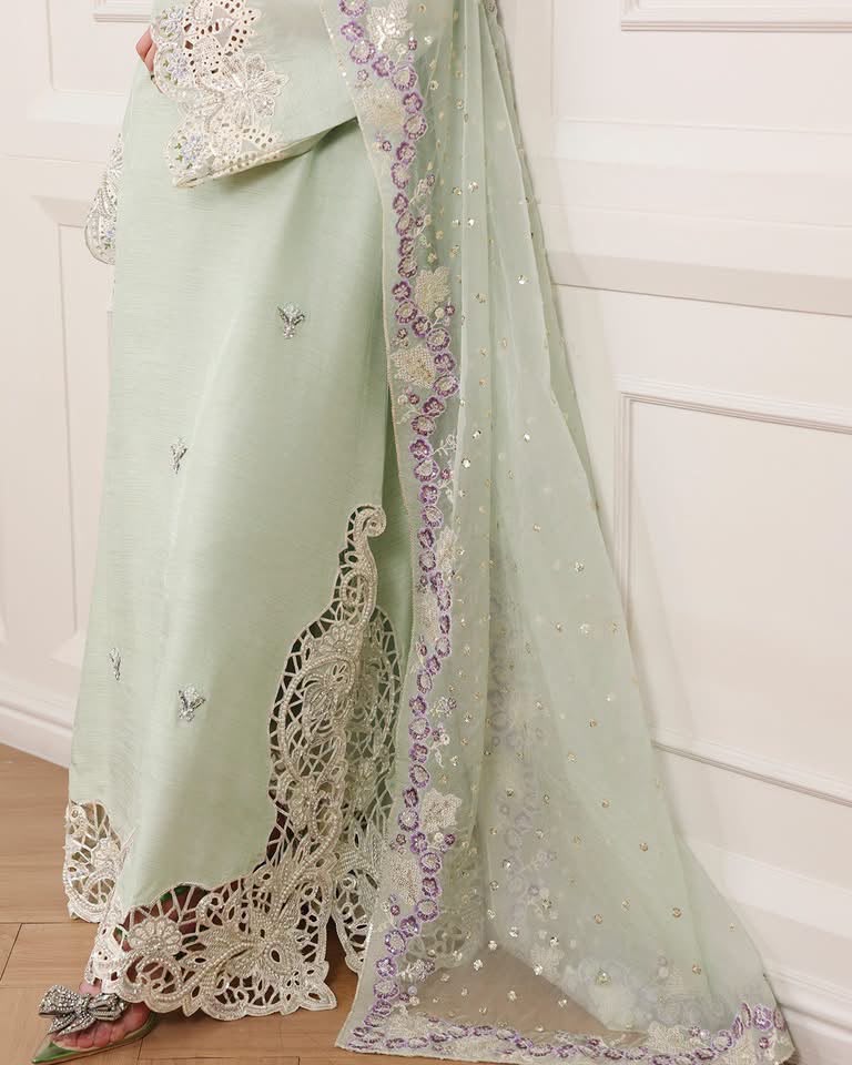 Mushq Pistachio Silk Kaftan Formal Collection Replica - Image 4