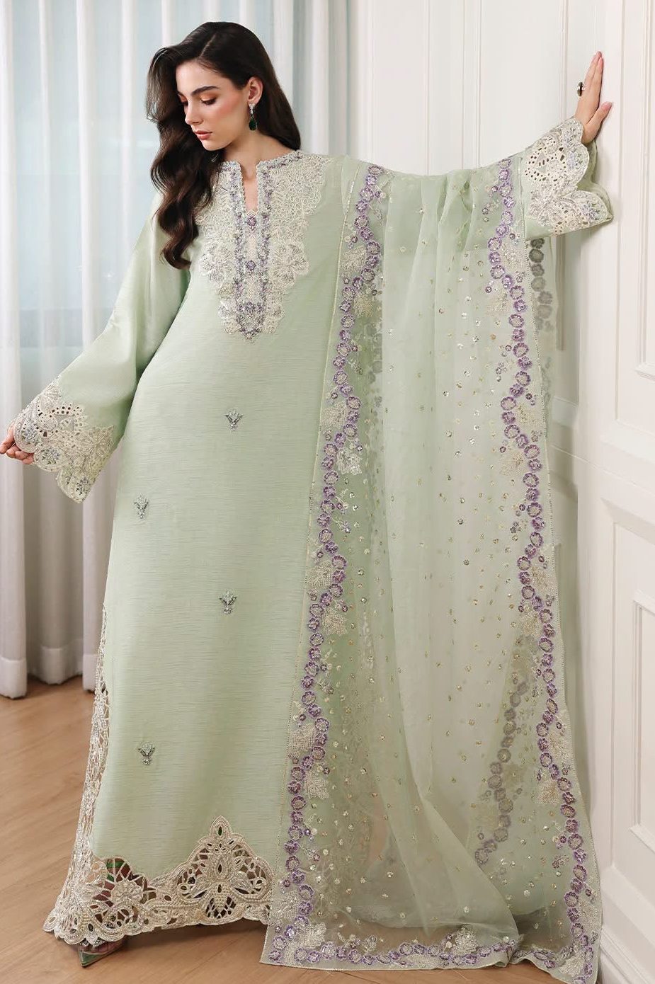 Mushq Pistachio Silk Kaftan Formal Collection Replica