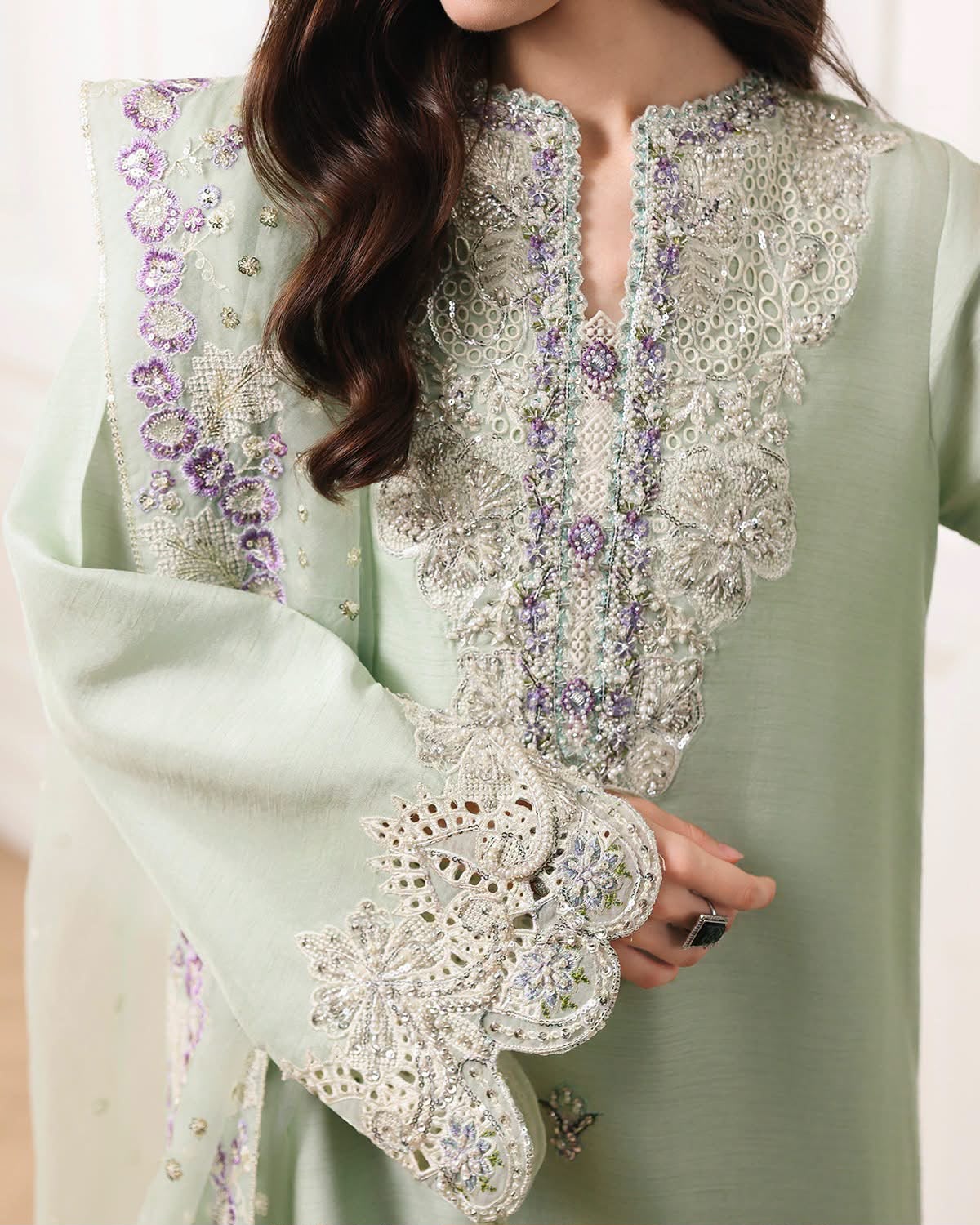 Mushq Pistachio Silk Kaftan Formal Collection Replica - Image 5