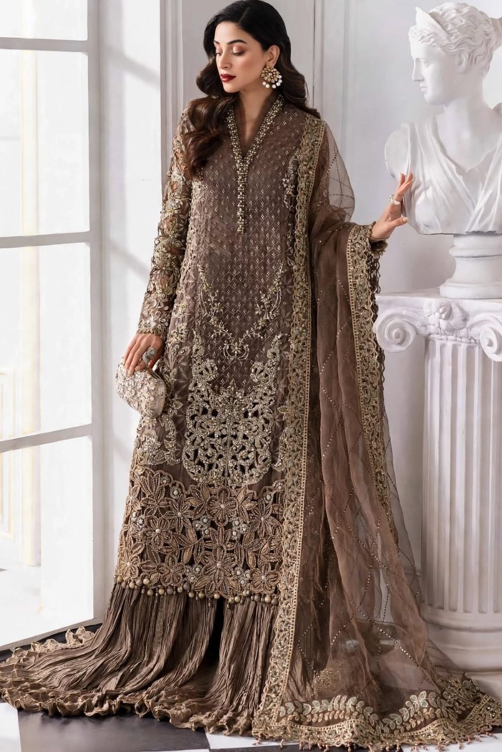 Shrenz Brown Organza Formal Collection Replica