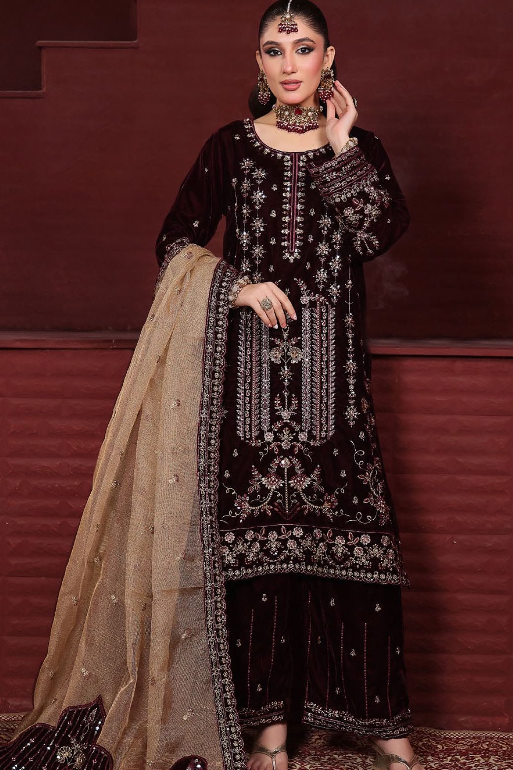 Shrenz Burgundy Velvet Winter Collection Replica