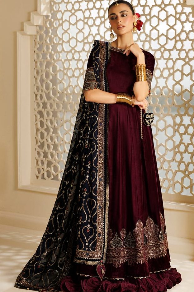 Jazmin Maroon Velvet Winter Collection Maxi Replica