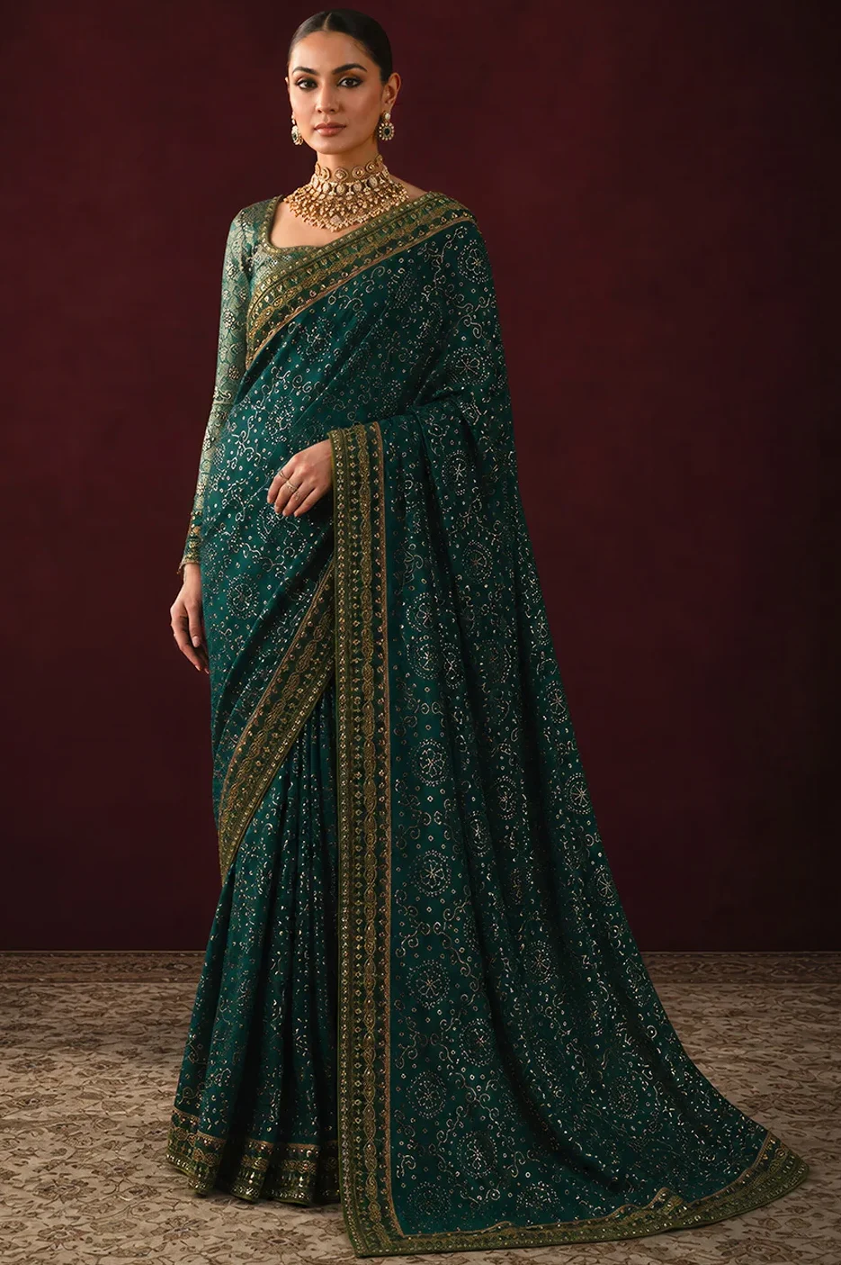 Aik Atelier Green Chiffon Saree Collection Replica