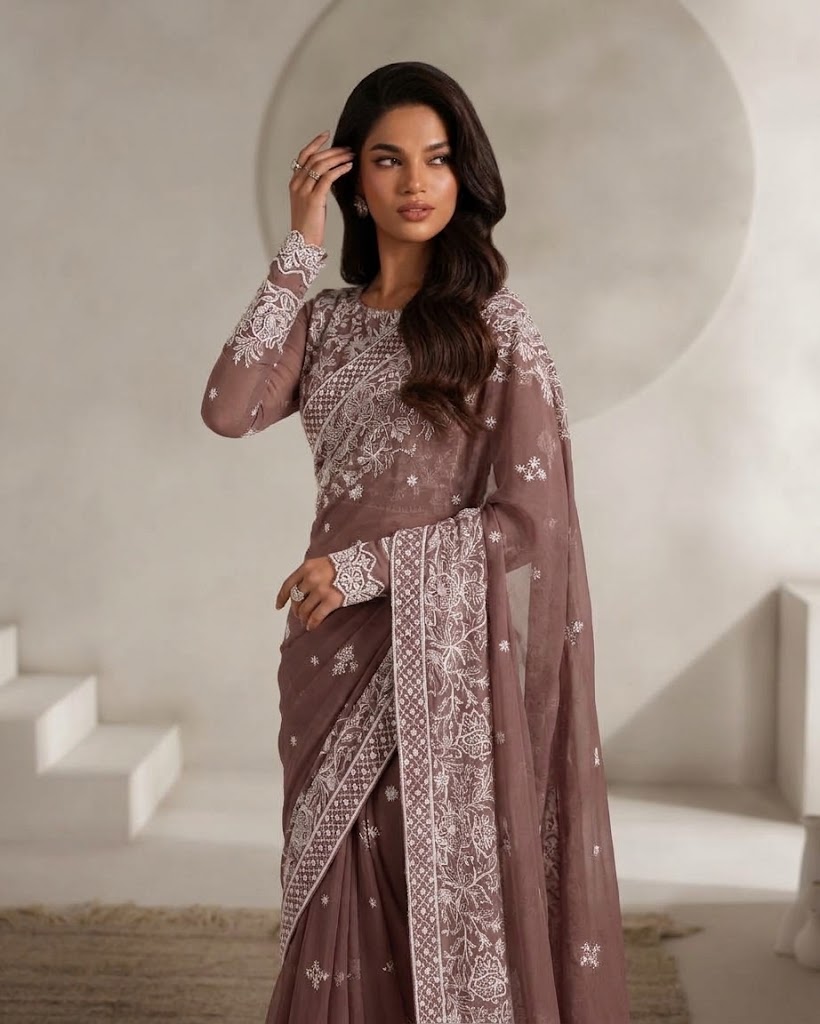 Shrenz Peach Chiffon Saree Collection Replica - Image 3
