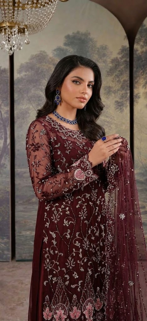 Shrenz Maroon Cutdana Net Formal Collection Replica - Image 2