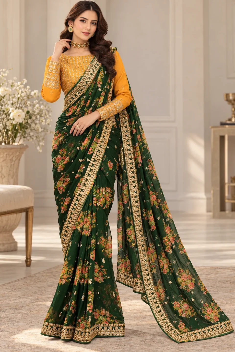 Aneela's Green Chiffon Saree Collection Replica