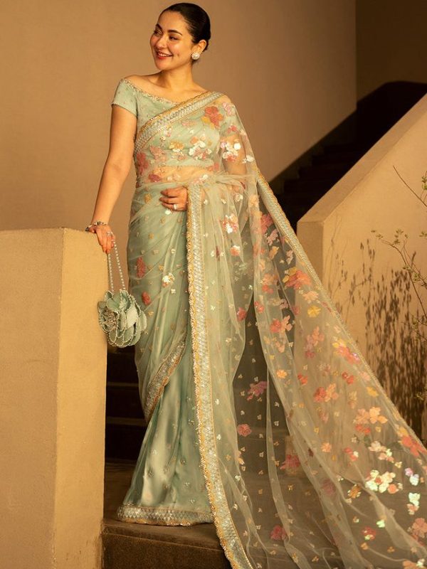 Faiza Saqlain Seagreen Net Saree Collection Replica