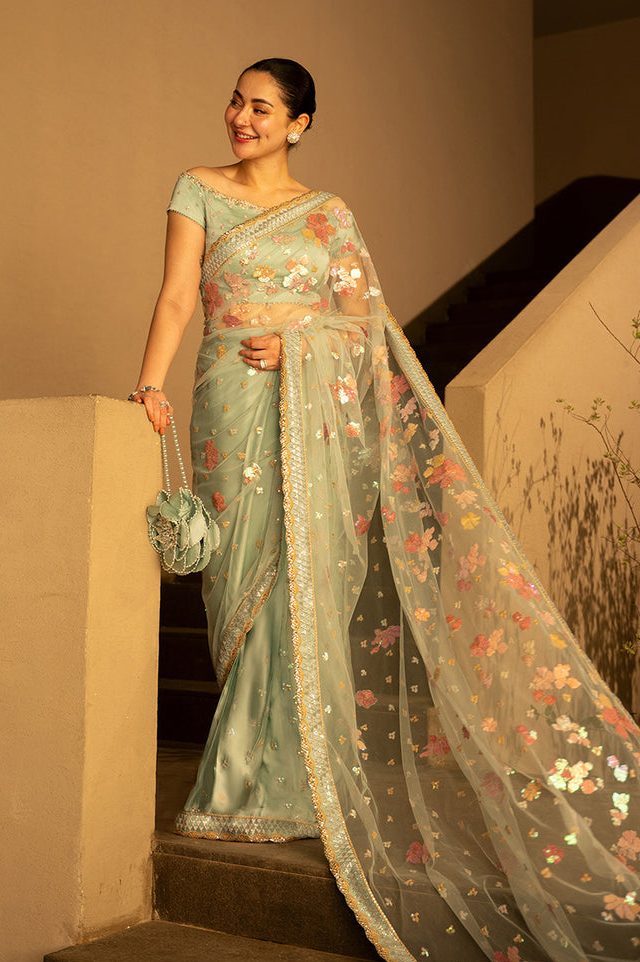 Faiza Saqlain Seagreen Net Saree Collection Replica